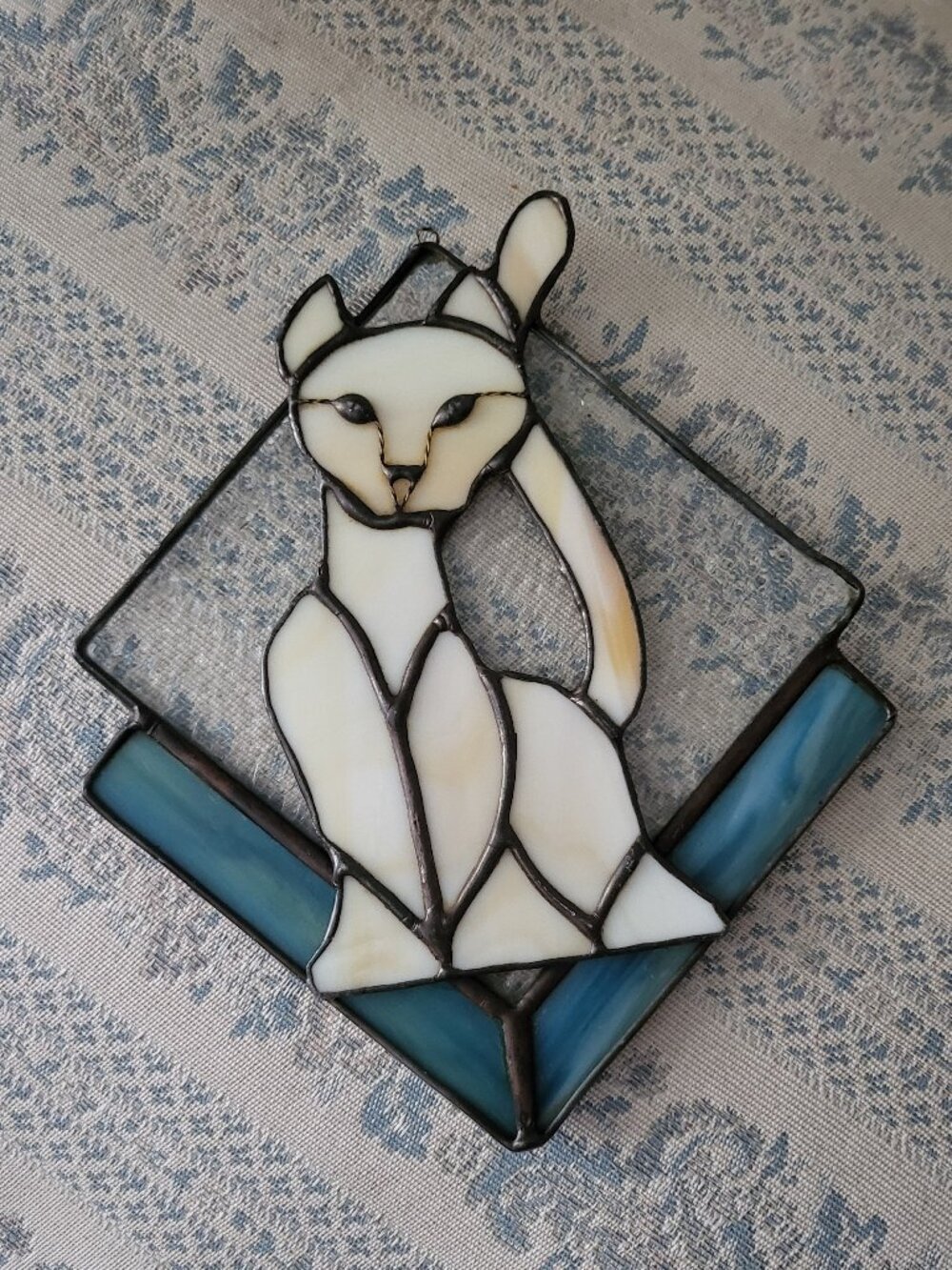 Vintage Stained Glass Cat Suncatcher Handmade Siamese Window Decor Boho